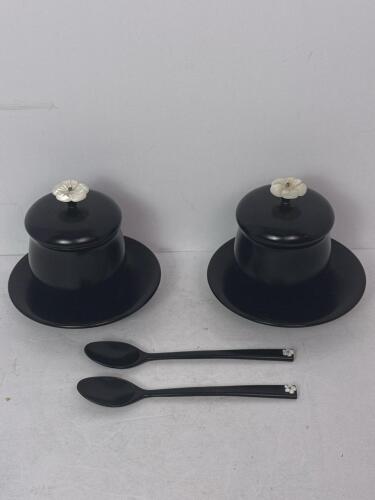 Vintage Black Covered Sugar Bowls with Floral Finials & Matching Spoons, 1940s-60s