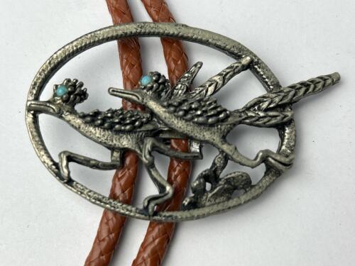 Vintage Southwestern Bolo Tie With Double Roadrunner Blye Eyes, Silver-Tone Clasp & Brown Braided Cord