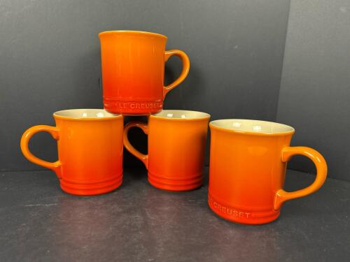 Four Orange Le Creuset Stoneware Mugs, Like New