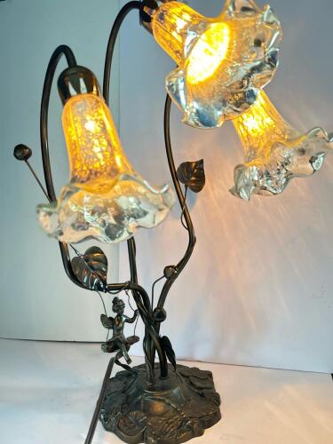 Art Nouveau Style Fairy Lily Table Lamp With 3 Mercury Glass Shades & Vintage Bronze Finish
