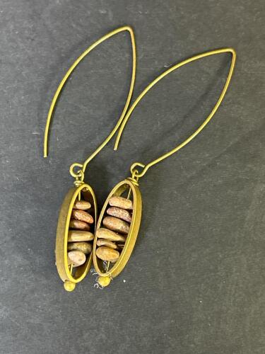 Brass Pea Pod Dangle Earrings with Natural Stone Beads