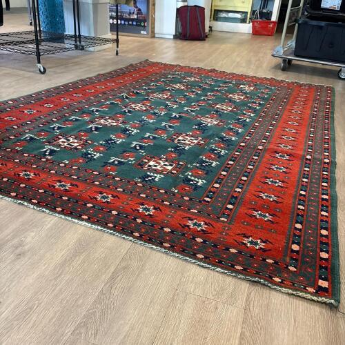 Vintage Hand-Knotted Turkmen Area Rug with Red and Green Design, 5&rsquo;4&rdquo; by 7&rsquo;8&rdquo;