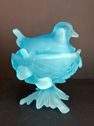 Blue Frosted Glass Bird Nest Covered Dish
