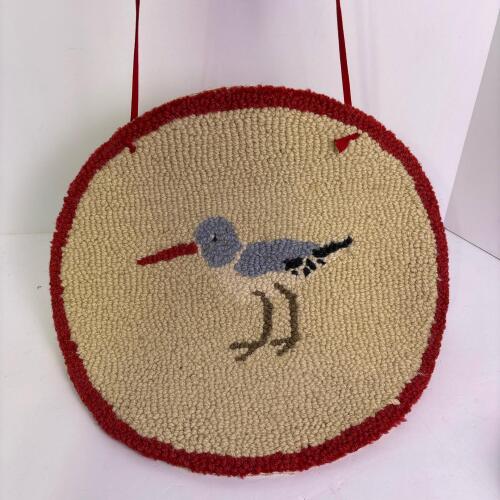 Hand-Hooked Round Chair Pad with Bird Motif & Red Border