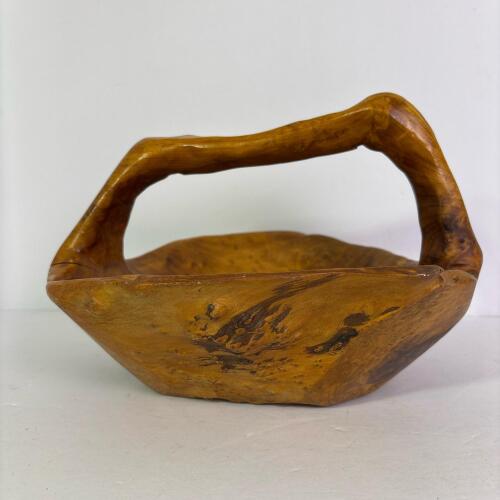 Rustic Hand-Carved Burl Wood Basket with Handle