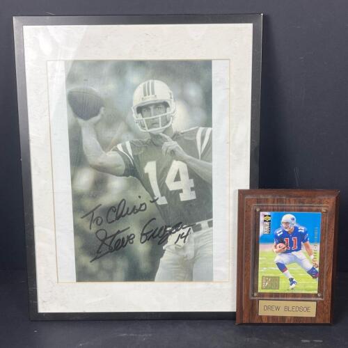 Steve Grogan Autographed Framed Photo & Drew Bledsoe 1993 Rookie Card Patriots Plaque Set