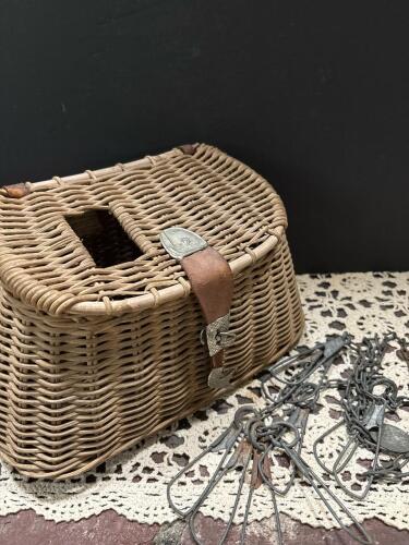 Vintage Wicker Fishing Creel Basket and Metal Fish Stringers