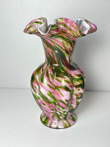 Hand-Blown Art Glass Vase, Ruffled Pink & Green Swirl