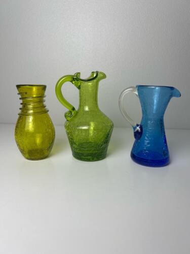 Set of Three Vintage Hand-Blown Crackle Glass Mini Pitchers