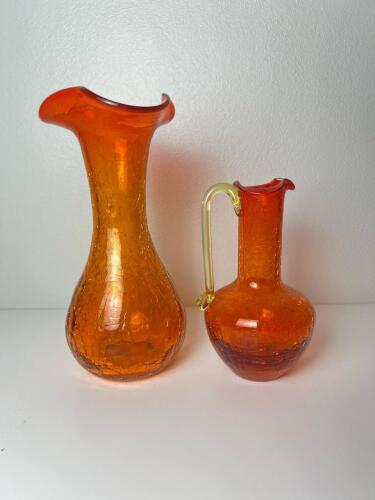 Vintage Amber Crackle Glass Pitcher and Vase with Clear Applied Handle