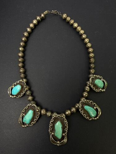 Handcrafted Silver Tone Turquoise Squash Blossom Necklace, Signed RJ