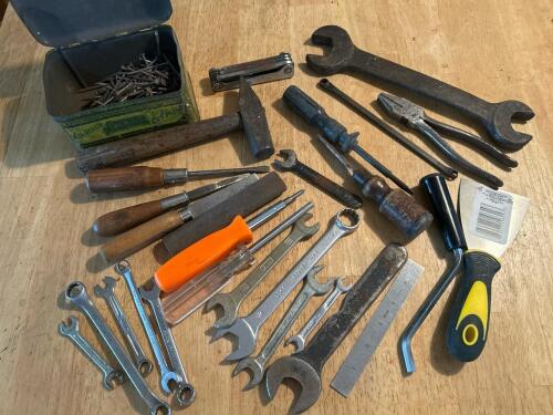 Vintage Hand Tool Lot: Wrenches, Screwdrivers, Chisels, Hammer, Pliers, & Nails (SA)