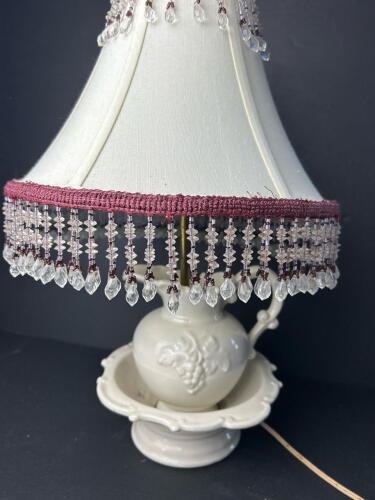 Vintage Ceramic Pitcher & Bowl Table Lamp W/ Grapes Motif & Beaded Fringe Shade (SA)