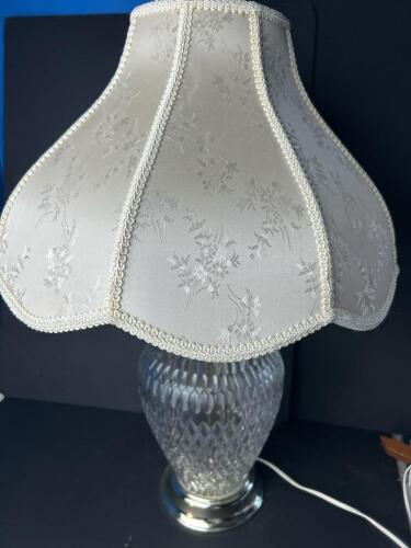 Vintage Heavy Crystal Table Lamp W/ Floral Designed Fabric Shade, 24" Tall (SA)