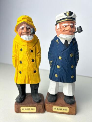Two Hand-Carved Nanco Wooden Nautical Figurines Bar Harbor Maine Fisherman & Captain (SA)