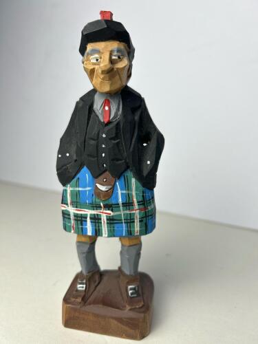 Hand-Carved Wooden Figurine Of A Scottish Man in Kilt, Signed (SA)