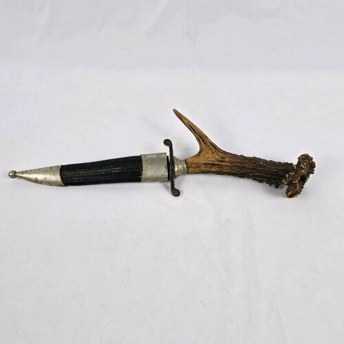 Vintage Stag Handle Hunting Knife with Leather Sheath, Antler Grip, Carbon Steel Blade (PC)