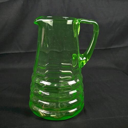 Vintage Large Green Uranium Glass Pitcher, Panel/Ribbed Pattern, Glows Under Blacklight (PC)