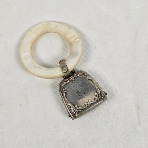 Vintage Webster Sterling Silver Baby Rattle with Mother of Pearl Teething Ring, Engraved "M" (PC)