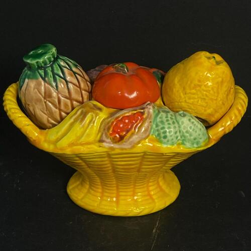 Vintage MCM Ceramic Fruit Basket Salt & Pepper Set with Removable Shakers (CG)