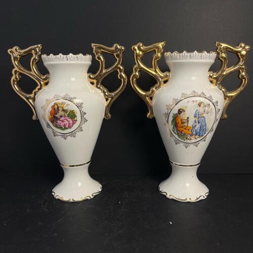 Two Loucarte Portugal Porcelain Vases with Gilt Handles and Romantic Scenes (CG)