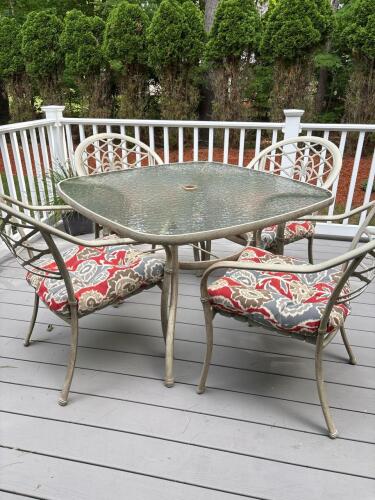 Square Glass Metal Patio Table with 4 Palm Motif Chairs