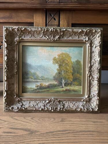 15.5" x 13" Original Landscape Oil Painting in Ornate Gold Frame