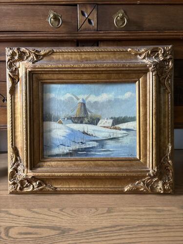 17"x15" Original Oil Painting: Winter Landscape with Windmill