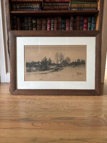 34" x 24" Framed Landscape Etching in Wooden Beveled Frame