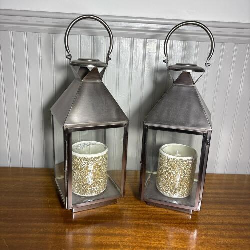 Pair of Scott Living Decorative Lanterns with Mosaic Glass Candle Holders