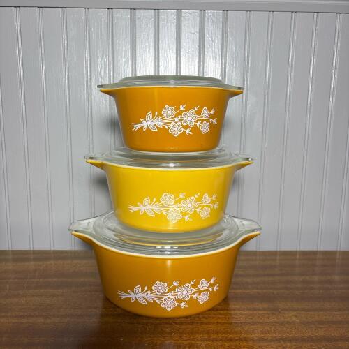 Vintage Three Piece Nesting Pyrex Butterfly Gold Casserole Set with Lids