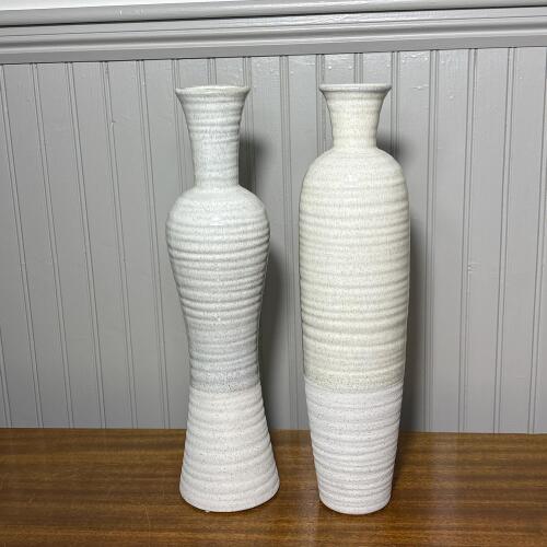 Pair of Elements Tall White Speckled Ceramic Floor Vases