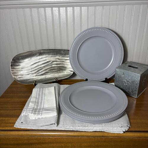 Decorative Tabletop Set - Pier 1 Charger Plates, Scott Living Tray, Cotton Linens