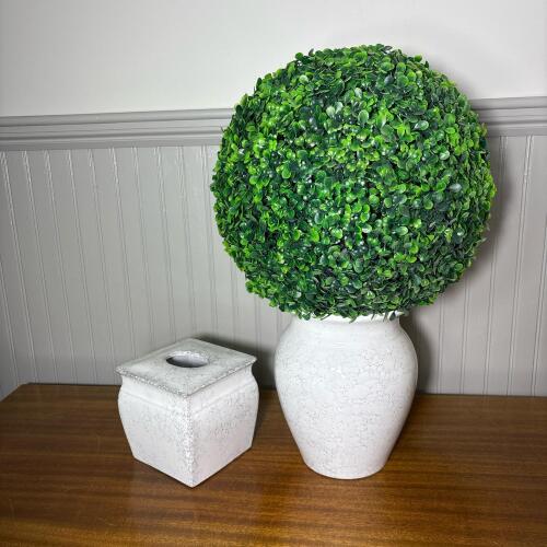 Raymond Waites Ceramic Tissue Box Cover and Vase with Faux Greenery