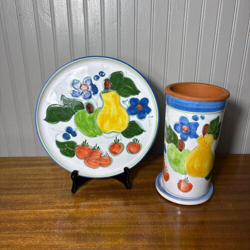 Vintage Himark Portuguese Terracotta Pottery Set - Plate and Utensil Holder