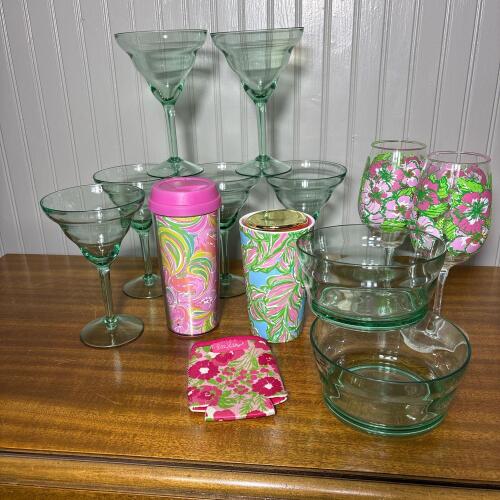 Mixed Thirteen Piece Lily Pulitzer Entertaining Lot - Plastic Martini Glasses, Tumblers and More
