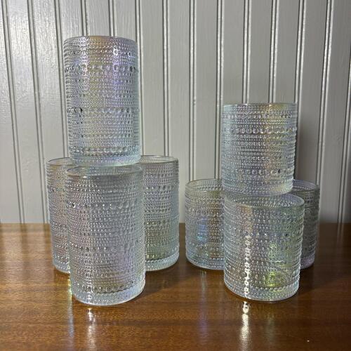 Set of Eight Vintage-Inspired Iridescent Hobnail Drinking Glasses