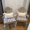 Pair of Distressed Cream Finish Wood Armchairs with Upholstered Seats and Two Accent Pillows
