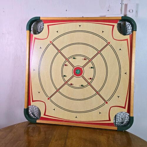 Vintage Merdel Carrom Reversible Game Board 28"x28" Wood, Chess/Carrom, Ludington MI