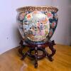 Chinese Porcelain Fish Bowl Planter 12.5" w/ Hand Painted Scene & Wood Stand Made in China