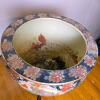 Chinese Porcelain Fish Bowl Planter 12.5" w/ Hand Painted Scene & Wood Stand Made in China - 2