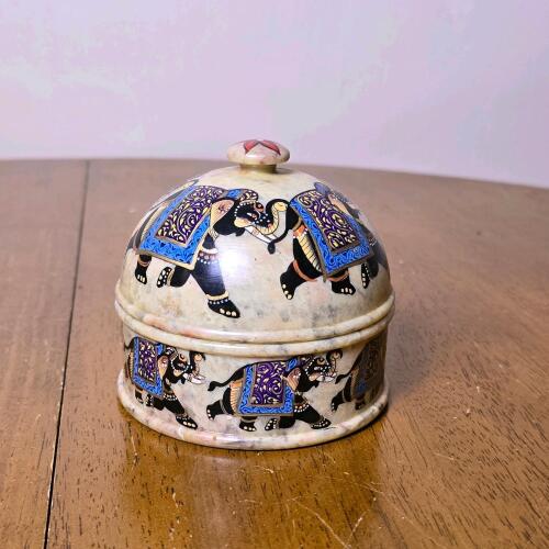 Hand-Painted Indian Soapstone Box, Elephant Motif, 3.5" Diameter, Trinket or Powder Storage