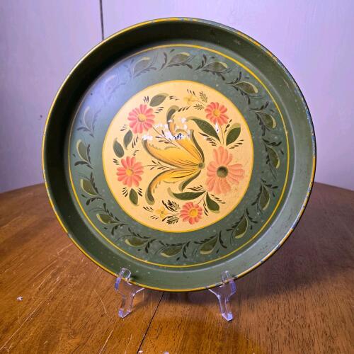 Vintage Hand-Painted Metal Tray with Floral Design, 12" Diameter