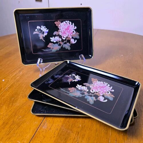 Set of 4 Japanese Lacquer Trays with Inlaid Chrysanthemum Design