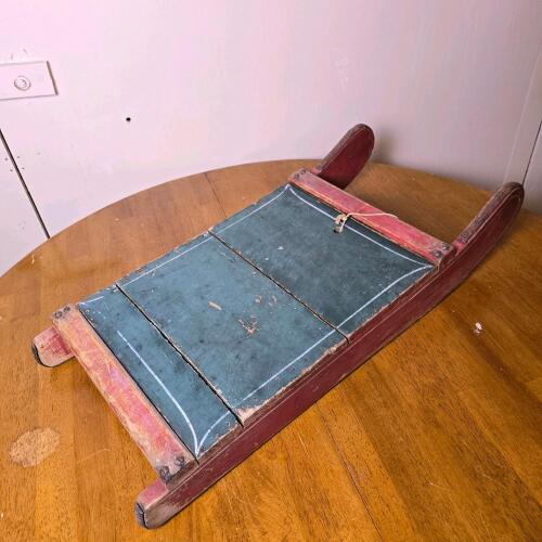 Antique 27.5" Wooden Child's Hand Sled, Flat Deck, Red & Green Paint, 1930s-1950s