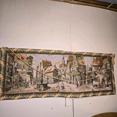 METRAX Belgian Cotton Wall Tapestry, 60"x23", European Village Scene, Decorative Rope & Tassels