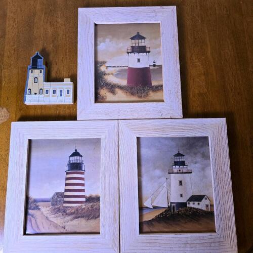 Set of 3 Framed Lighthouse Prints 12" x 15.5" & Cat's Meow Spirit Rock Lighthouse Collectible