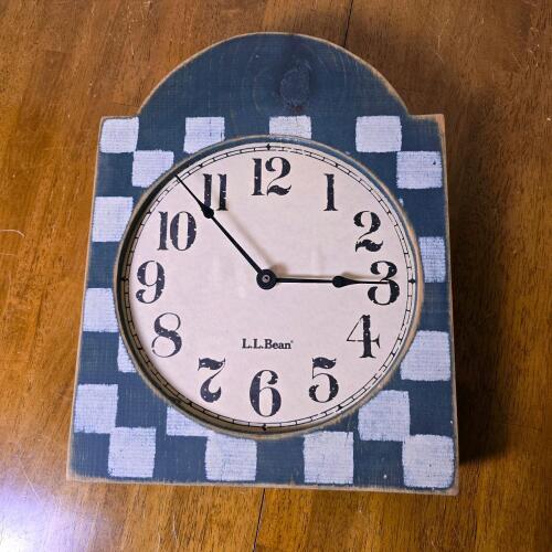 L.L. Bean Wooden Wall Clock, Quartz Movement, 13"x12", Blue Checkered, Sawtooth Hanger