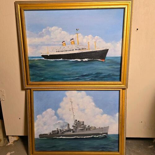 Pair Ted Gregory Framed Oil Paintings USS Hickox DD-673 and Italian Ocean Liner 28" x 23"