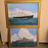 Pair Ted Gregory Framed Oil Paintings USS Hickox DD-673 and Italian Ocean Liner 28" x 23"